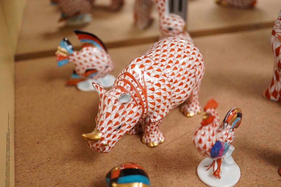 A group of Herend red scale animals and a similar cat, 14cm high
